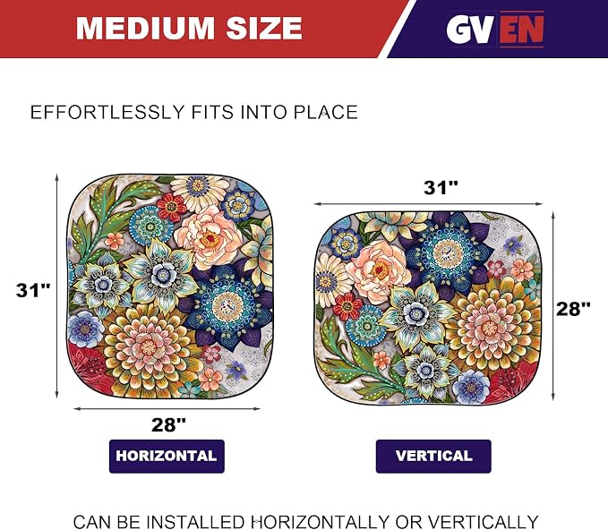 Gven Windshield Sun Shade for Car 2-Piece Foldable Sunshade for Front Windows, Blocks UV Rays, Automotive Interior Sun Protection Car Summer Accessories（Floral,M）