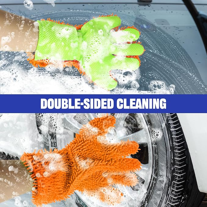 2PCS Car Wash Mitt, 5 Finger Chenille Microfiber Cleaning Mitt for Cars, Scratch-Free Auto Washing Gloves, Car Interior Exterior Cleaning Gloves, Great for Hard-to-Reach Areas (Orange)