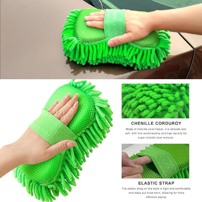 Microfiber Car Wash Sponge, Scratch-Free Vehicle Washing Mitt with Chenille & Mesh Sides, Highly Absorbent Sponge Lint-Free Cleaning Tool for Car Washing & Detailing (Green)