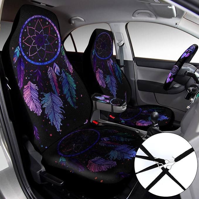 Tallew 10 Pcs Dreamcatcher Design Car Seat Covers Full Set, Front Cover, Steering Wheel Belt Pads, Center Console Armrest, Cup Holder Coasters, Keychain, Keyring for Auto Suvs Trucks Vans