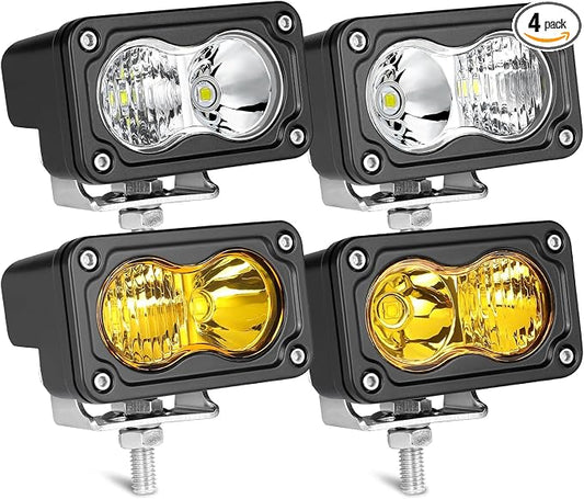 LED Pods, AKD Part 4Pcs 3" 80W CREE LED Pod Lights Spot Flood Combo Small Off Road Driving Lights Ditch Chase Light for Trucks Motorcycle UTV ATV SUV Dirt Bike - White & Yellow
