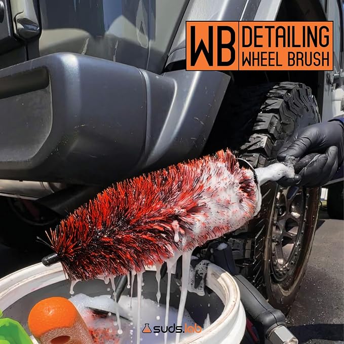Suds Lab WB Premium Detailing Wheel Brush for All Vehicle Types – 17.7" Ultra-Soft and Scratch-Free Reusable Rim, Wheel, and Tire Brush for Deep Cleaning