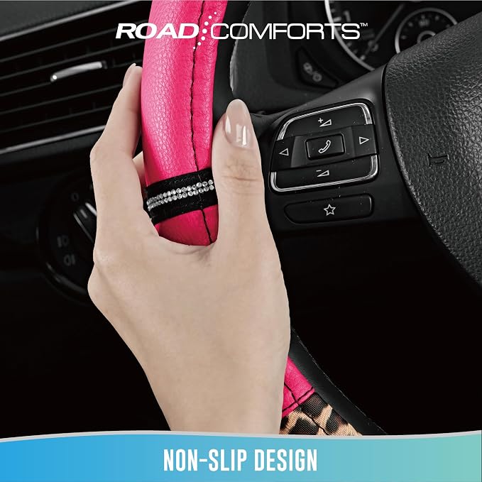 Road Comforts Leopard Steering Wheel Cover for Women, Cute Anti-Slip Microfiber Leather, Universal Fit 14.5-15 Inch Round Steering Wheel - HotPink