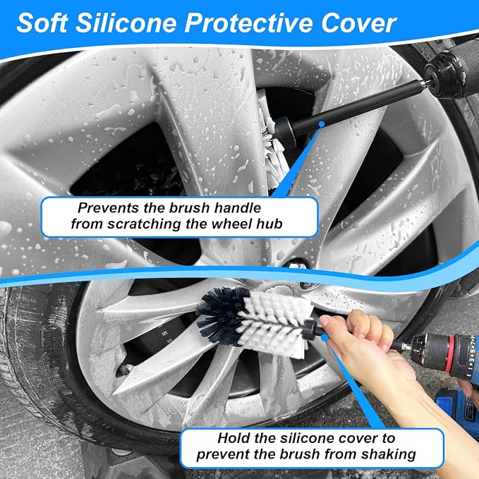Wheel Brush Kit, Soft Drill Wheel Cleaner Brush, No Scratches Highly Dense Car Cleaning Brush Set for Wheels, Rims, Engines, Exhaust(White/Black,2Pcs)
