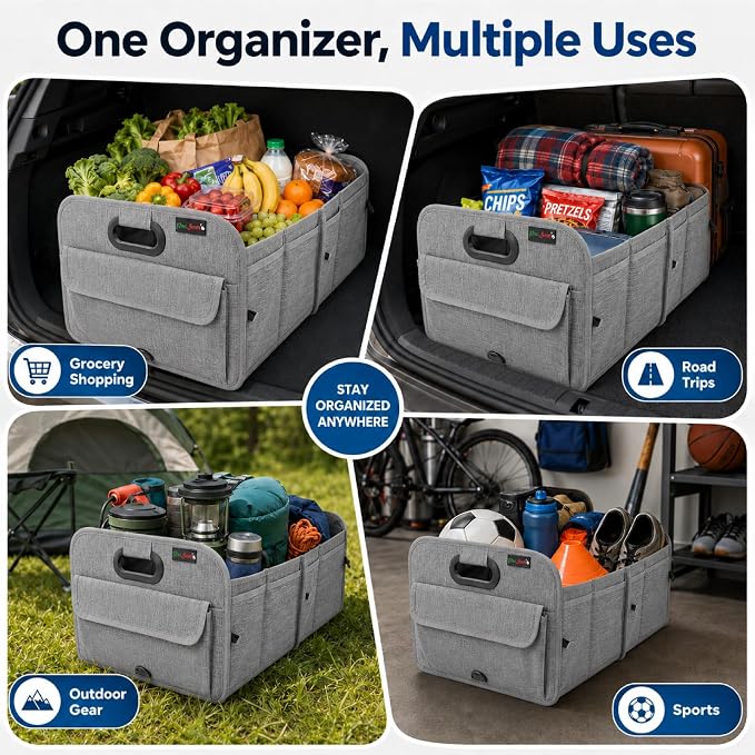 PAT SAM'S Trunk Organizer for SUV, Collapsible Car Trunk Organizer with Dividers, Waterproof 600D Oxford, Non-Slip Storage Organizer for Groceries, Tools, Travel, Truck & Car (Grey)
