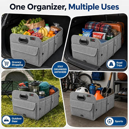PAT SAM'S Trunk Organizer for SUV, Collapsible Car Trunk Organizer with Dividers, Waterproof 600D Oxford, Non-Slip Storage Organizer for Groceries, Tools, Travel, Truck & Car (Grey)