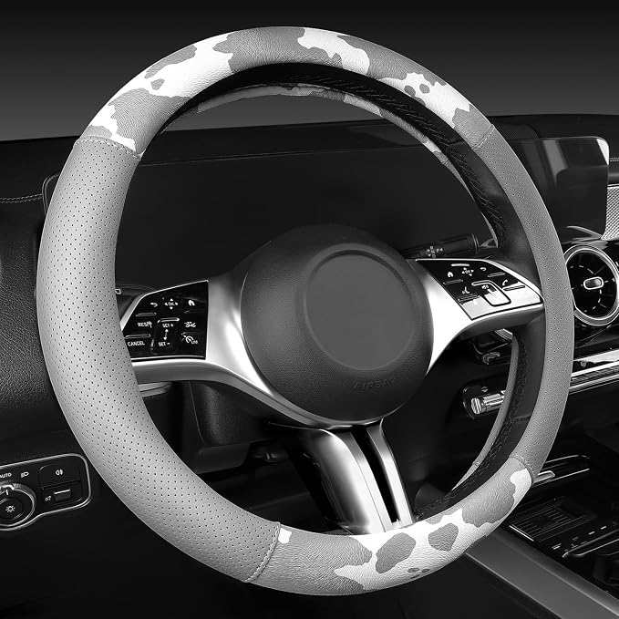 CAR PASS Cow Print Faux Leather Car Seat Covers & Cow Car Mats & Cow Steering Wheel Cover Seat Belt Pads Universal fit for SUV,Van,Saden,Truck Cute Car Accessories Automobile Interior Sets All Gray