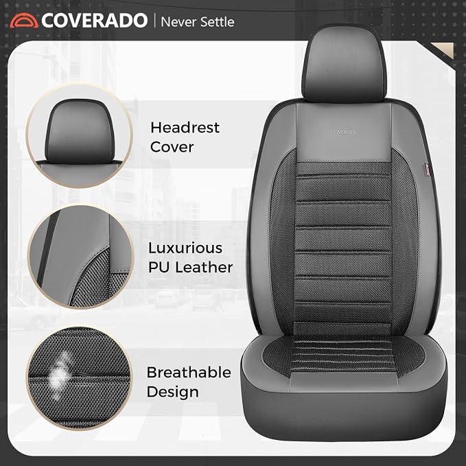 Coverado Car Seat Covers Front Seats, Luxury Leather Car Seat Covers, Automotive Mesh Seat Covers 2 Pack, Airbag-Compatible, Black Gray Seat Covers for SUV Sedan Truck