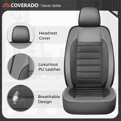 Coverado Car Seat Covers Front Seats, Luxury Leather Car Seat Covers, Automotive Mesh Seat Covers 2 Pack, Airbag-Compatible, Black Gray Seat Covers for SUV Sedan Truck