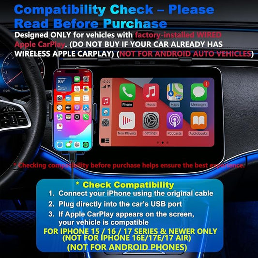 4-in-1 Wireless CarPlay Adapter for iPhone 15/16/17 & Newer, Wired Video Streaming, Screen Mirroring, Two-Way Control & Charging, Plug & Play for Factory Wired CarPlay (Gray)