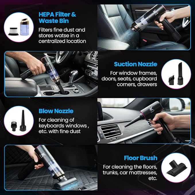 Portable Mini Vacuum Cleaner, Dual Power Suction 7.5K & 12K Pa with Blower, Inflator & Suction Power Best Cleaning Tool for Home, Office, Kitchen & Car