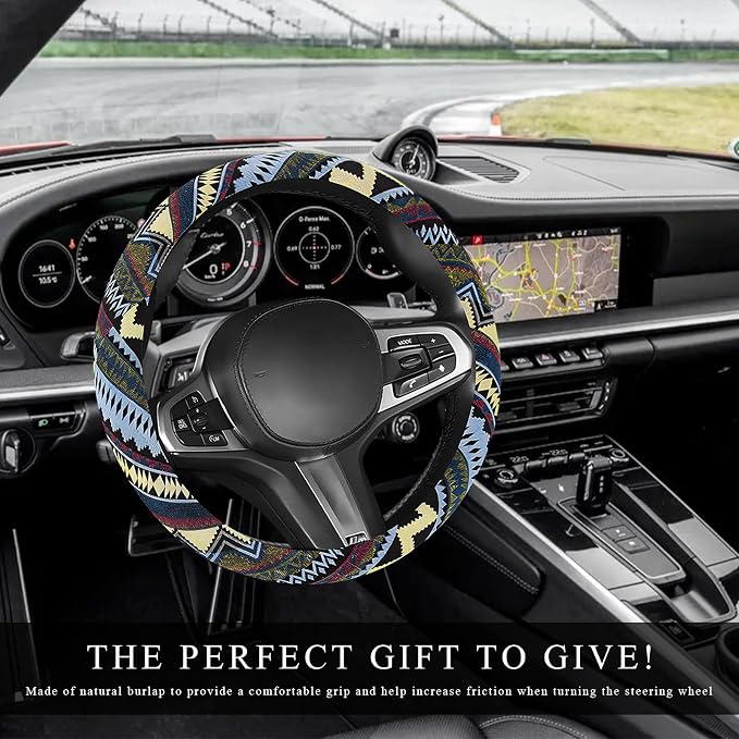 Boho Car Steering Wheel Cover, Ethnic Style Anti-Slip Coarse Flax Cloth Auto Wheel Cover, Bohemian Steering Wheel Protector for Most SUVs Vans Trucks, Car Accessories (Style H)