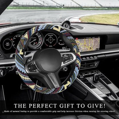 Boho Car Steering Wheel Cover, Ethnic Style Anti-Slip Coarse Flax Cloth Auto Wheel Cover, Bohemian Steering Wheel Protector for Most SUVs Vans Trucks, Car Accessories (Style H)