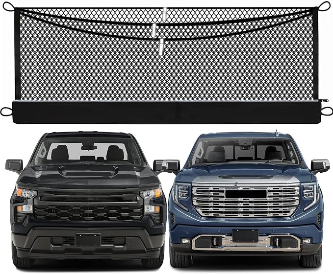 3-Layer Cargo Net for Chevrolet Silverado & GMC Sierra 2019-2026, Zoned Storage Truck Bed Net with Foldable Zippered Bottom Bag, Heavy-Duty Cargo Organizer Netting for Camping, Trips & Everyday Use