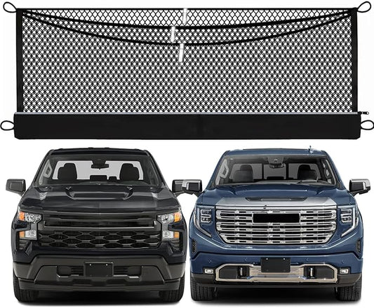 3-Layer Cargo Net for Chevrolet Silverado & GMC Sierra 2019-2026, Zoned Storage Truck Bed Net with Foldable Zippered Bottom Bag, Heavy-Duty Cargo Organizer Netting for Camping, Trips & Everyday Use