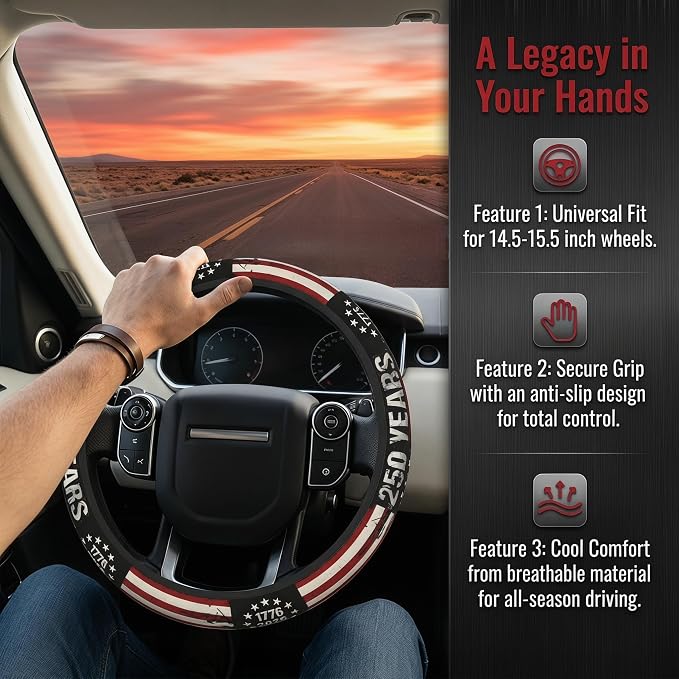 Anniversary American Flag Steering Wheel Cover 14-15 Inch +2Pc Car Coasters | Universal Anti-Slip Breathable for Men Women | Patriotic Car Accessories USA Flag Auto Interior Decor Gift