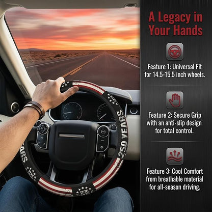 Anniversary American Flag Steering Wheel Cover 14-15 Inch +2Pc Car Coasters | Universal Anti-Slip Breathable for Men Women | Patriotic Car Accessories USA Flag Auto Interior Decor Gift