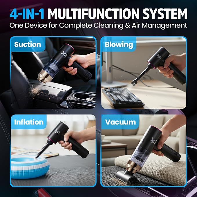Portable Mini Vacuum Cleaner, Dual Power Suction 7.5K & 12K Pa with Blower, Inflator & Suction Power Best Cleaning Tool for Home, Office, Kitchen & Car