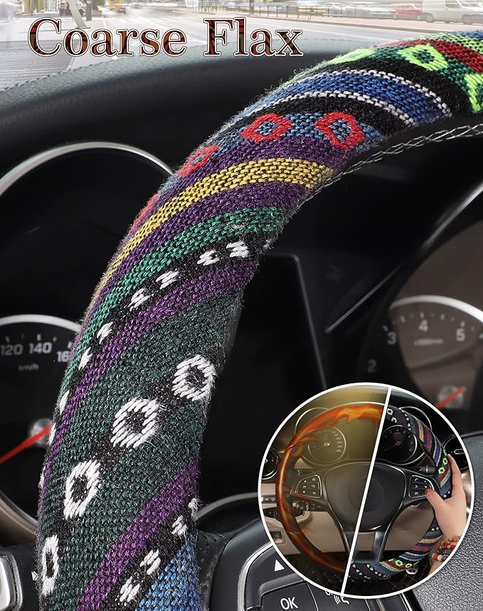 SEG Direct Boho Steering Wheel Cover with Baja Blanket Cloth, Ethnic Style Auto Wheel Cover Made of Coarse Flax, Fits 14 1/2-15 1/4 inches Car Wheel