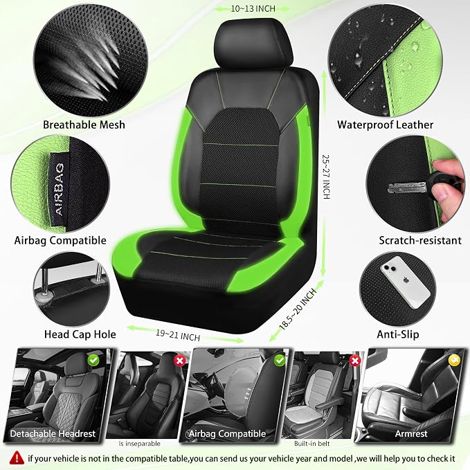 CAR PASS Leather Car Seat Covers Front Seats only, with Air Mesh Front Seat Covers Breathable, Cool Automotive Seat Covers 2 Pack, Universal Fit Most Cars,SUV,Truck,Van Airbag Compatible(Black Green)