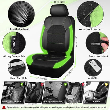 CAR PASS Leather Car Seat Covers Front Seats only, with Air Mesh Front Seat Covers Breathable, Cool Automotive Seat Covers 2 Pack, Universal Fit Most Cars,SUV,Truck,Van Airbag Compatible(Black Green)