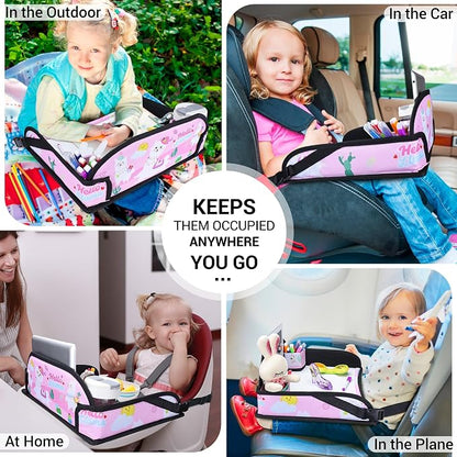 COOLBEBE Kids Travel Tray for Toddler Car Seat, Travel Tray for Airplane, Toddler Car Seat Lap Tray, Carseat Table Tray for Kids Travel Activities (Pink Alpaca)