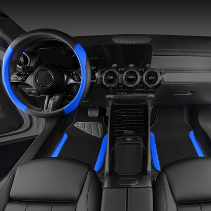 CAR PASS Faux Leather Steering Wheel Cover and Waterproof Car Floor Mats,Universal Car Combo Fit for 95% Sedan,SUV,Cars,14.5-15inch Sporty Anti-Slip Safety Comfortable Design(Black＆Bule)