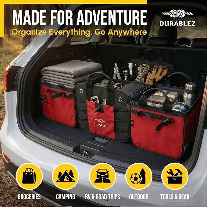 XL Trunk Organizer 4-Section Modular System – Extra Large Car Cargo Storage, Foldable Multi-Compartment Bin for Groceries, Gear & Travel – High-Density Structure – Red