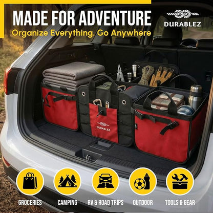 XL Trunk Organizer 4-Section Modular System – Extra Large Car Cargo Storage, Foldable Multi-Compartment Bin for Groceries, Gear & Travel – High-Density Structure – Red