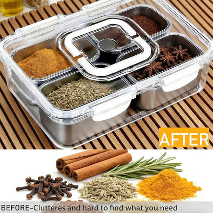 Snackle Box Container, Stainless Steel Divided Serving Tray with Lid and Handle, Large Snack Tray for Fruit Veggie Candy, 4-Compartment Snack Platter for Travel Party Beach Picnic