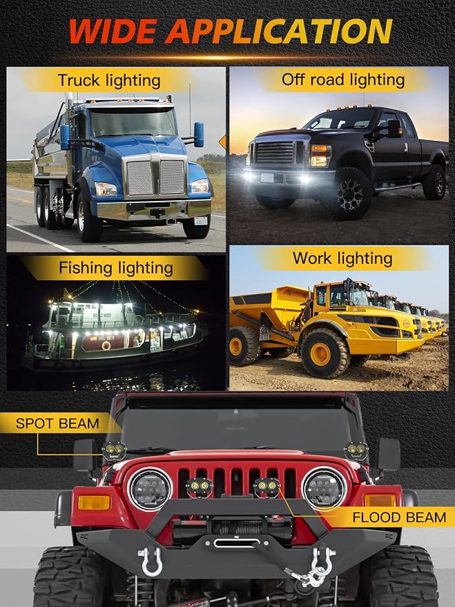 MAYELLO 4-Inch LED Pod Light - 60W Square, Spot Lens Beam, Offroad/Fog, Wiring Harness for Wrangler, Truck, SUV, ATV, UTV, Car, Boat