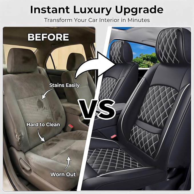 Car Seat Covers Compatible with Hyundai Santa Fe 2009-2025 2026 - Full Set 5 Seats Luxury Leather All-Weather Seat Cushions & Protectors, Waterproof & Breathable, Airbag Compatible (Whiteline)