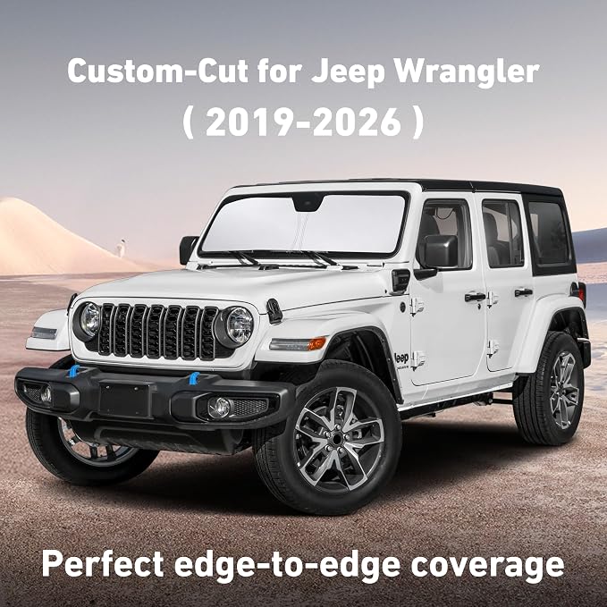 EcoNour Windshield Sunshade Compatible for Jeep Wrangler 2019-2024 2025 2026, Sun Visor for Front Windshield & Window Sun Shade Cover, UV Heat Blocker & Protector, Car Accessories