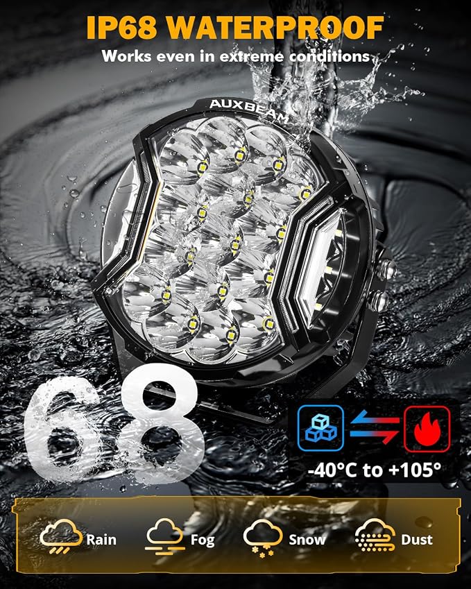 Auxbeam V-Ultra Series 7 Inch LED Pod Lights, 226W 26800LM Side Shooter Offroad Round Pods with Amber DRL& Black Cover, 270° Ultra-Wide Spotlights Universal Dual Color Light for Jeep ATV UTV, Pair