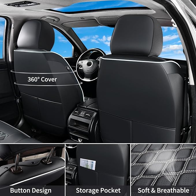 Huidasource F150 Leather Seat Covers Custom Fit for 2015-2025 F150 SuperCrew & 2017-2025 F250 F350 F450 Super Duty Crew Cab XL XLT Lariat King Ranch Platinum(Front Pair/Black&White)