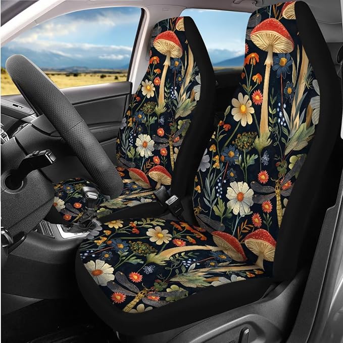 14 Pack Vintage Mushroom Car Seat Covers with Steering Wheel Protector,Armrest Cover, Seat Belt Cushion, Headrest Protector Car Coaster Keychain Universal for Most Cars SUV Trucks - Black