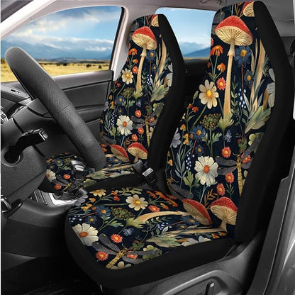 14 Pack Vintage Mushroom Car Seat Covers with Steering Wheel Protector,Armrest Cover, Seat Belt Cushion, Headrest Protector Car Coaster Keychain Universal for Most Cars SUV Trucks - Black