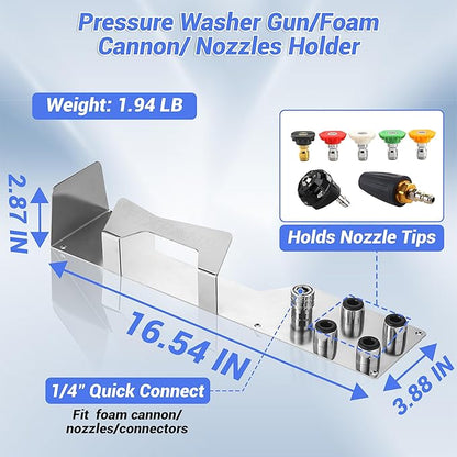 FIXFANS Pressure Washer Gun Holder, Power Washer Snow Foam Lance Holder Tool Organizer, Wall Mounted Nozzle Tips and Foam Cannon Kit Storage Rack of Car Wash Accessories, 1/4" Quick Connect