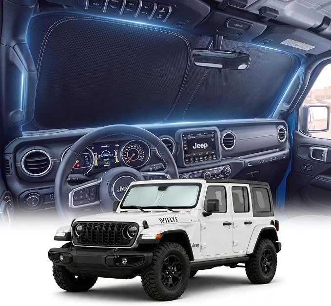 DMJN Front Windshield Sun Shade for Jeep Wrangler JL JK JT (2011-2026), [Nano Ice-Crystal Coatings] UPF50+ Heat & UV Block, Protect Car Interior & Keep Cool, Flodable Steel-Ring Car Cover for Summer