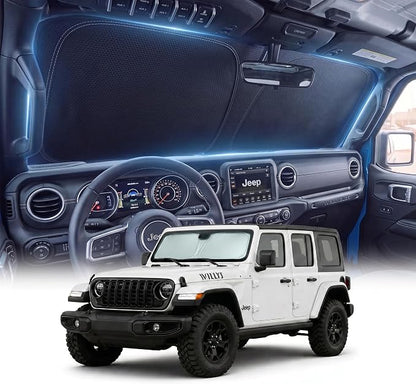 DMJN Front Windshield Sun Shade for Jeep Wrangler JL JK JT (2011-2026), [Nano Ice-Crystal Coatings] UPF50+ Heat & UV Block, Protect Car Interior & Keep Cool, Flodable Steel-Ring Car Cover for Summer