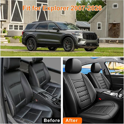Explorer Car Seat Covers Custom Fit for Ford Explorer 2004-2026, Full Coverage Leather Waterproof Breathable Seat Covers Full Set, Automotive Seat Protectors, Airbag Compatible(5 Seats, Black)