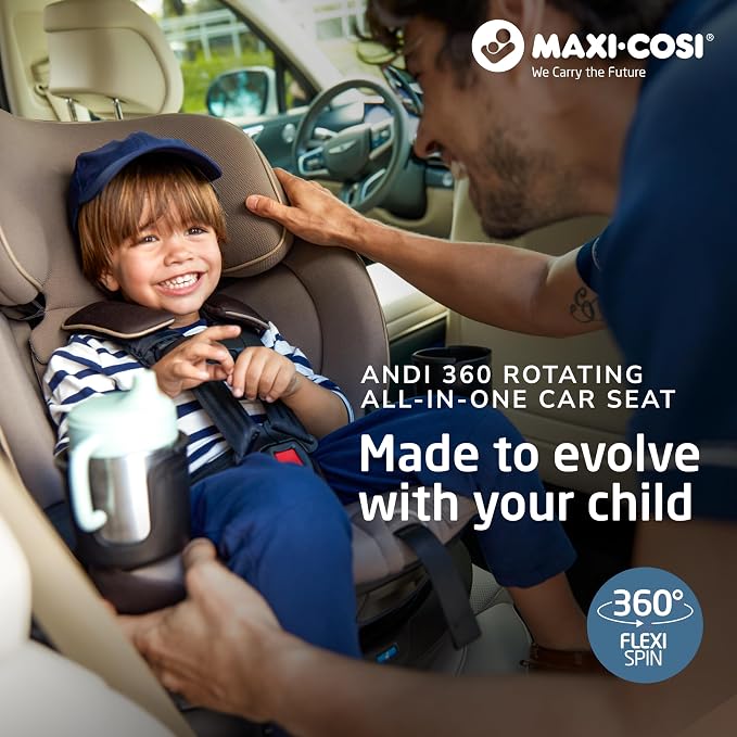 Maxi-Cosi Andi 360 Rotating All-in-One Baby Convertible Car Seat, Rear-Facing, Forward Facing Car Seat, Infant Toddler Booster, Easy Rotation, Tension System, Harness Adjust, Caspian Caviar