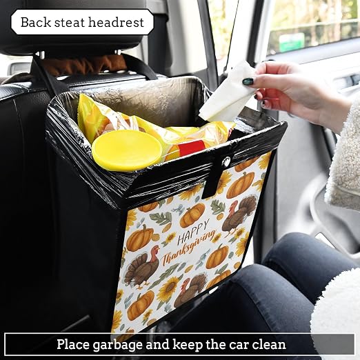 Car Trash Can Organizer Bin with Adjustable Strap for Back Front Seat Console Waterproof Leakproof Collapsible Portable 8.66 Inch Thanksgiving Turkeys Sunflowers White