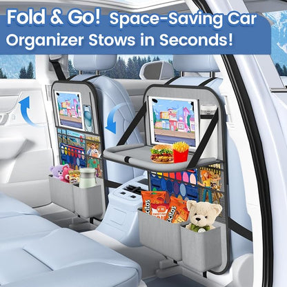 2PACK-Car Backseat Organizer with Touch Screen Tablet Holder,9 Storage Pockets Storage Organizer with Foldable Food Tray, Protector Kick Mats for Kids, Travel Accessories Organizer (Grey)