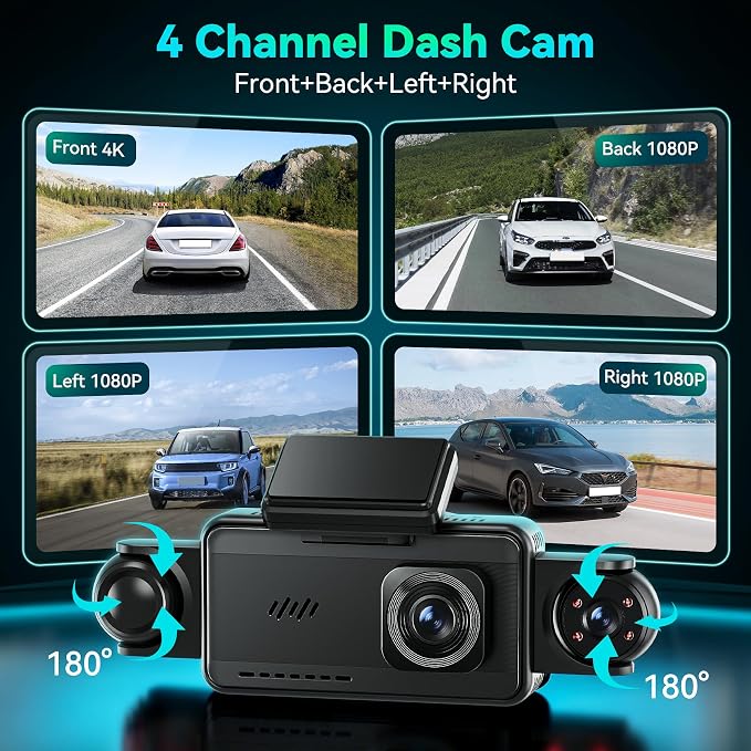 360°View 4 Channel Dash Cam, 5'' IPS Large Screen Dash Camera for Cars, 4K+1080P Front and Rear Inside Left Right, Built-in IR Night Vision, 24H Parking Mode, 64GB SD Card, Wireless APP Transmission