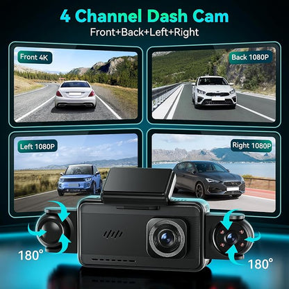 360°View 4 Channel Dash Cam, 5'' IPS Large Screen Dash Camera for Cars, 4K+1080P Front and Rear Inside Left Right, Built-in IR Night Vision, 24H Parking Mode, 64GB SD Card, Wireless APP Transmission