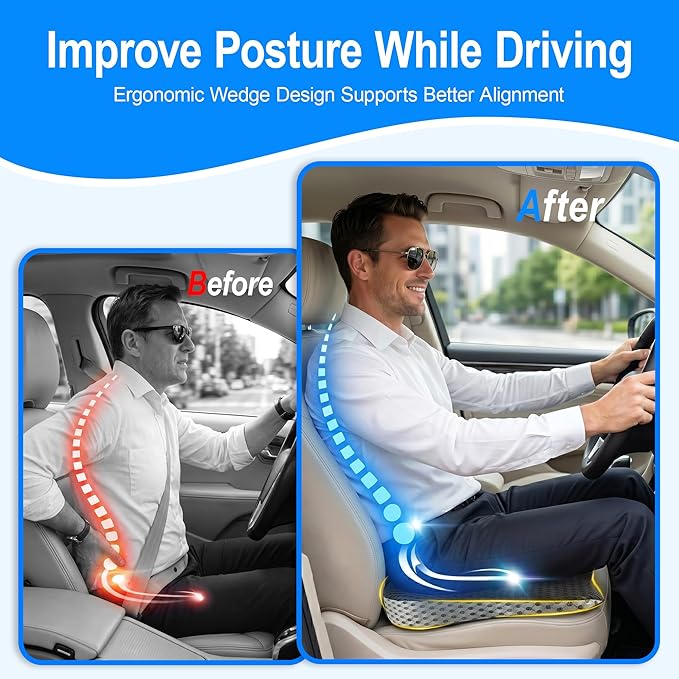 Car Seat Cushion for Driving: Memory Foam Cushion for Pain Relief During Long Drives, Wedge Car Seat Pillow for Height Boost, Non-Slip Driver Butt Pillow for Cars, SUVs, Trucks - Black