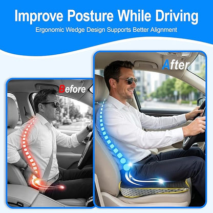Car Seat Cushion for Driving: Memory Foam Cushion for Pain Relief During Long Drives, Wedge Car Seat Pillow for Height Boost, Non-Slip Driver Butt Pillow for Cars, SUVs, Trucks - Black
