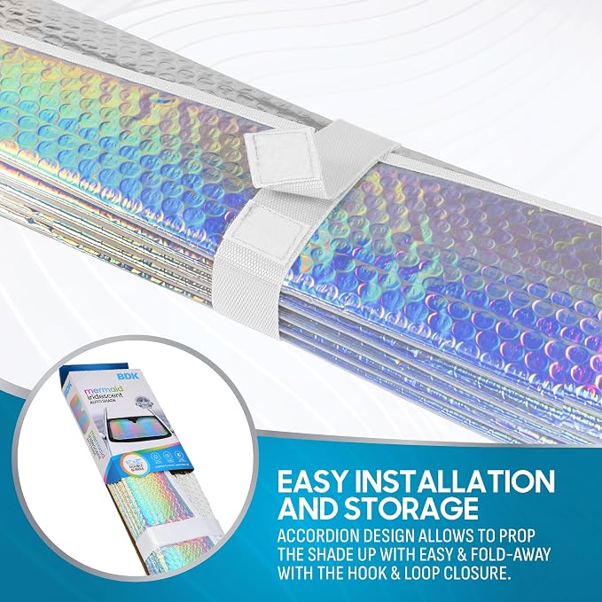 BDK Iridescent Mermaid, Hologram Foil, Chameleon Front Windshield Sun Shade, Double Bubble Accordion Folding Auto Sunshade for Car Truck SUV 58 x 27 Inch