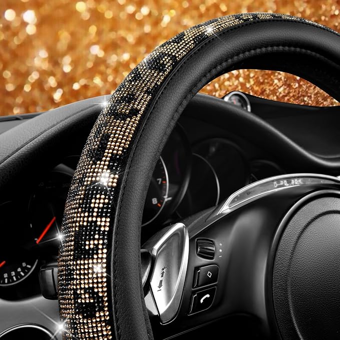 CAR PASS Bling Diamond Steering Wheel Cover Leopard Pattern, Sparkly Crystal Glitter Rhinestones Black Leather Wheel Protect for Women Girl Fit Suvs,Vans,Sedans,Cars,Trucks, 14" 1/2-15" Gold Leopard